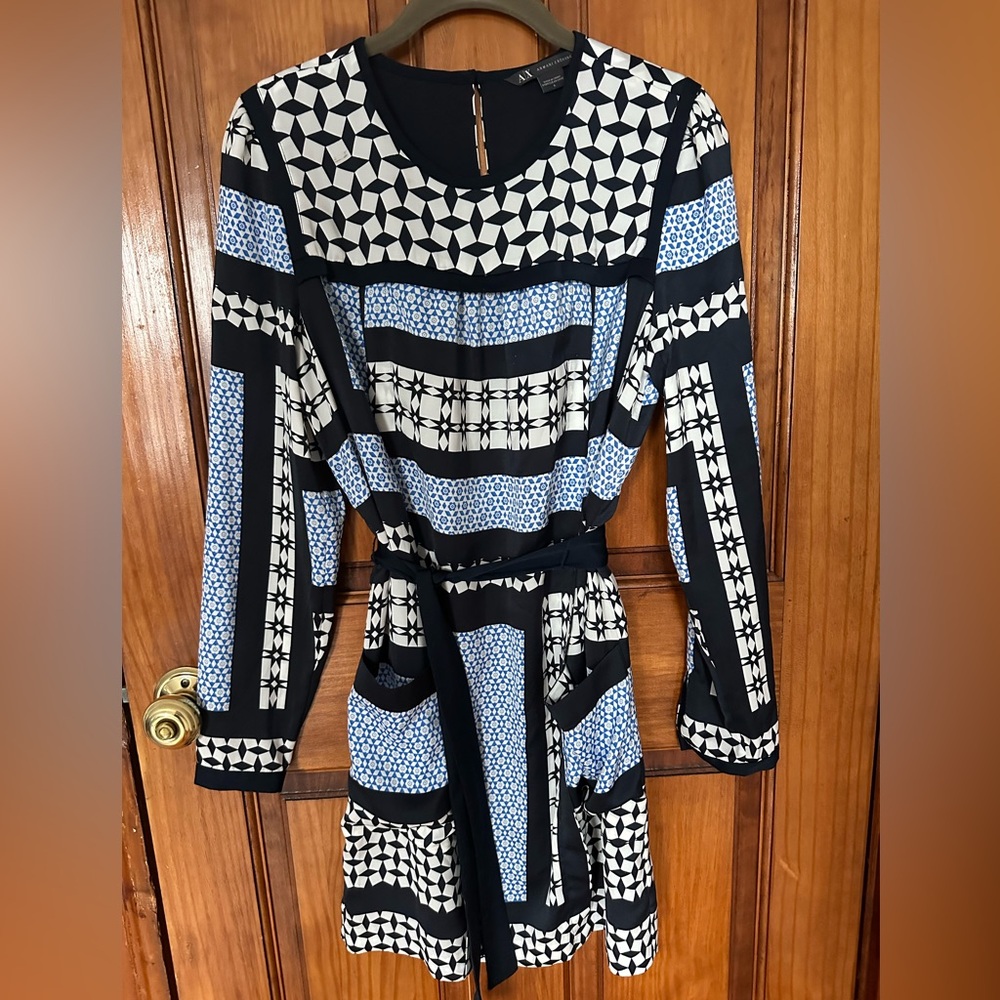 Armani Exchange Navy and White Sheath Dress with Cuffed Long Sleeves in Size 6.